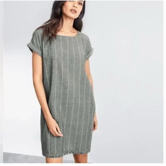 Eileen Fisher Hemp-Cotton Natural Fiber Short Sleeve Grey Stripe Dress Lagenlook - Picture 1 of 12